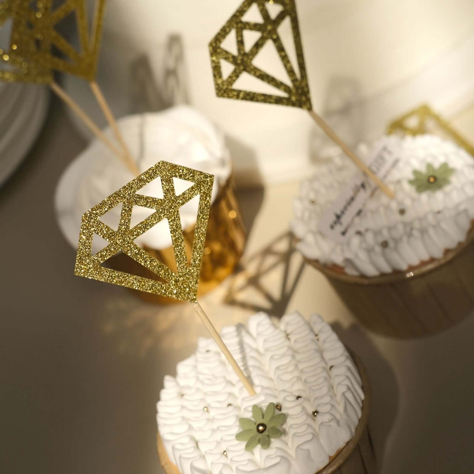 24 - Pack Cupcake Toppers Diamond Ring Design Glitter Gold - Party Cake Picks Engagement Decoration Supplies - Bell Racket Store