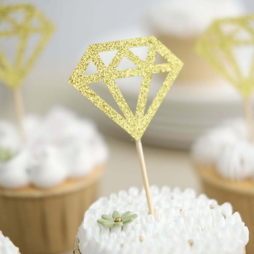 24 - Pack Cupcake Toppers Diamond Ring Design Glitter Gold - Party Cake Picks Engagement Decoration Supplies - Bell Racket Store