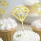 24 - Pack Cupcake Toppers Diamond Ring Design Glitter Gold - Party Cake Picks Engagement Decoration Supplies - Bell Racket Store