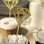 24 - Pack Cupcake Toppers Diamond Ring Design Glitter Gold - Party Cake Picks Engagement Decoration Supplies - Bell Racket Store