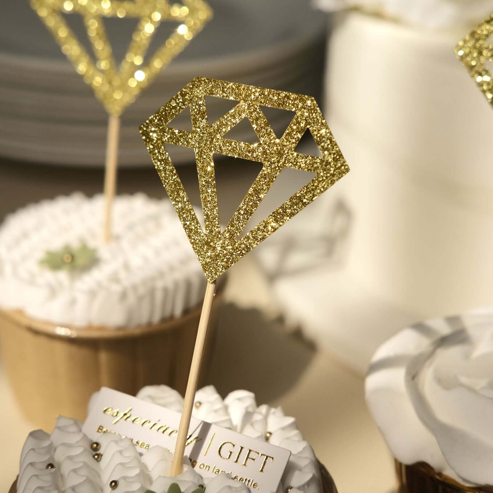 24 - Pack Cupcake Toppers Diamond Ring Design Glitter Gold - Party Cake Picks Engagement Decoration Supplies - Bell Racket Store