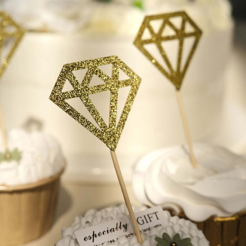 24 - Pack Cupcake Toppers Diamond Ring Design Glitter Gold - Party Cake Picks Engagement Decoration Supplies - Bell Racket Store