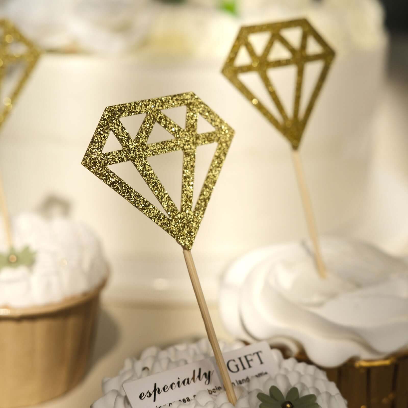24 - Pack Cupcake Toppers Diamond Ring Design Glitter Gold - Party Cake Picks Engagement Decoration Supplies - Bell Racket Store