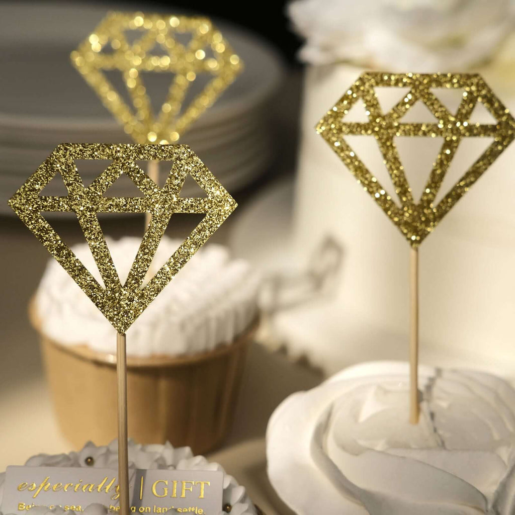 24 - Pack Cupcake Toppers Diamond Ring Design Glitter Gold - Party Cake Picks Engagement Decoration Supplies - Bell Racket Store
