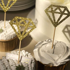 24 - Pack Cupcake Toppers Diamond Ring Design Glitter Gold - Party Cake Picks Engagement Decoration Supplies - Bell Racket Store