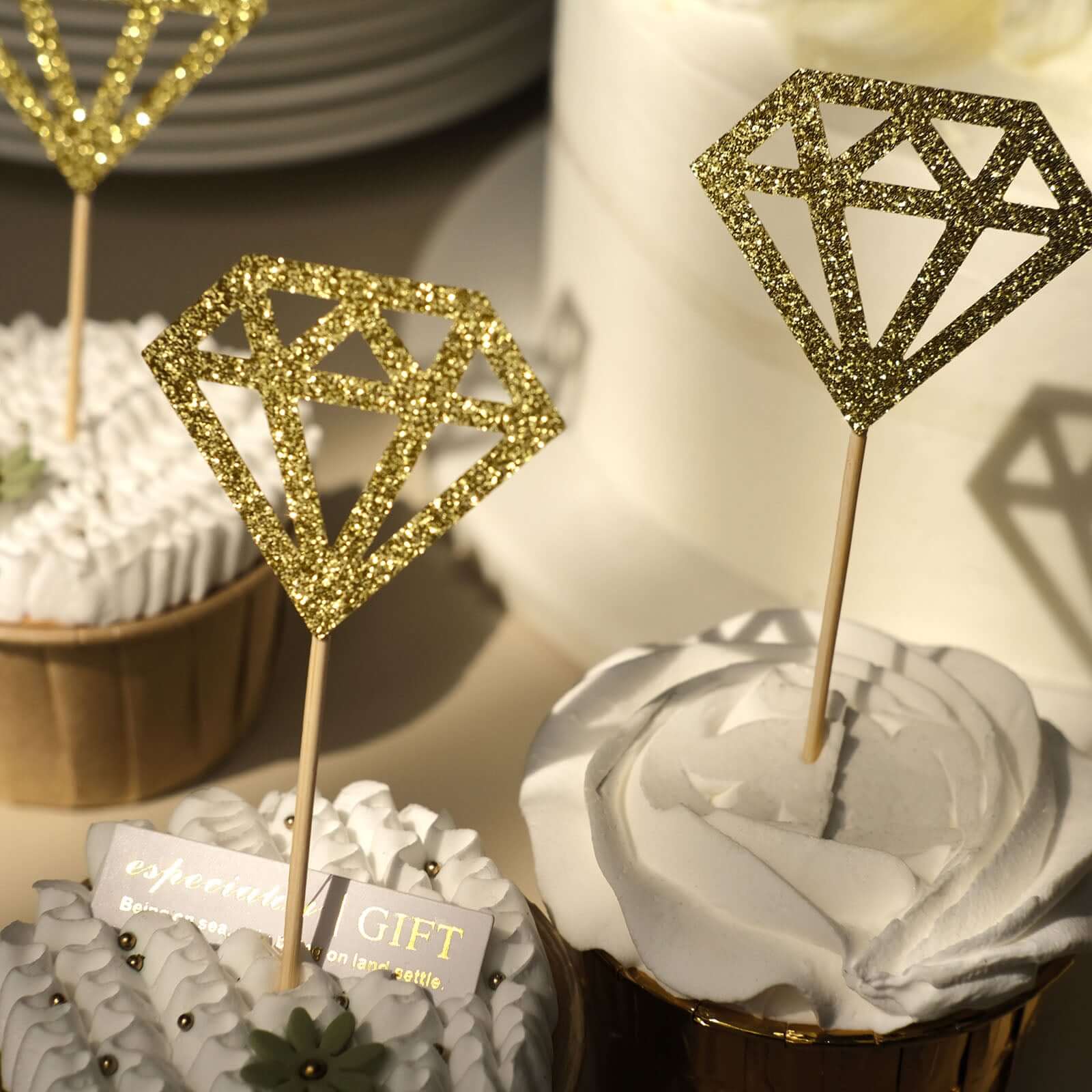 24 - Pack Cupcake Toppers Diamond Ring Design Glitter Gold - Party Cake Picks Engagement Decoration Supplies - Bell Racket Store