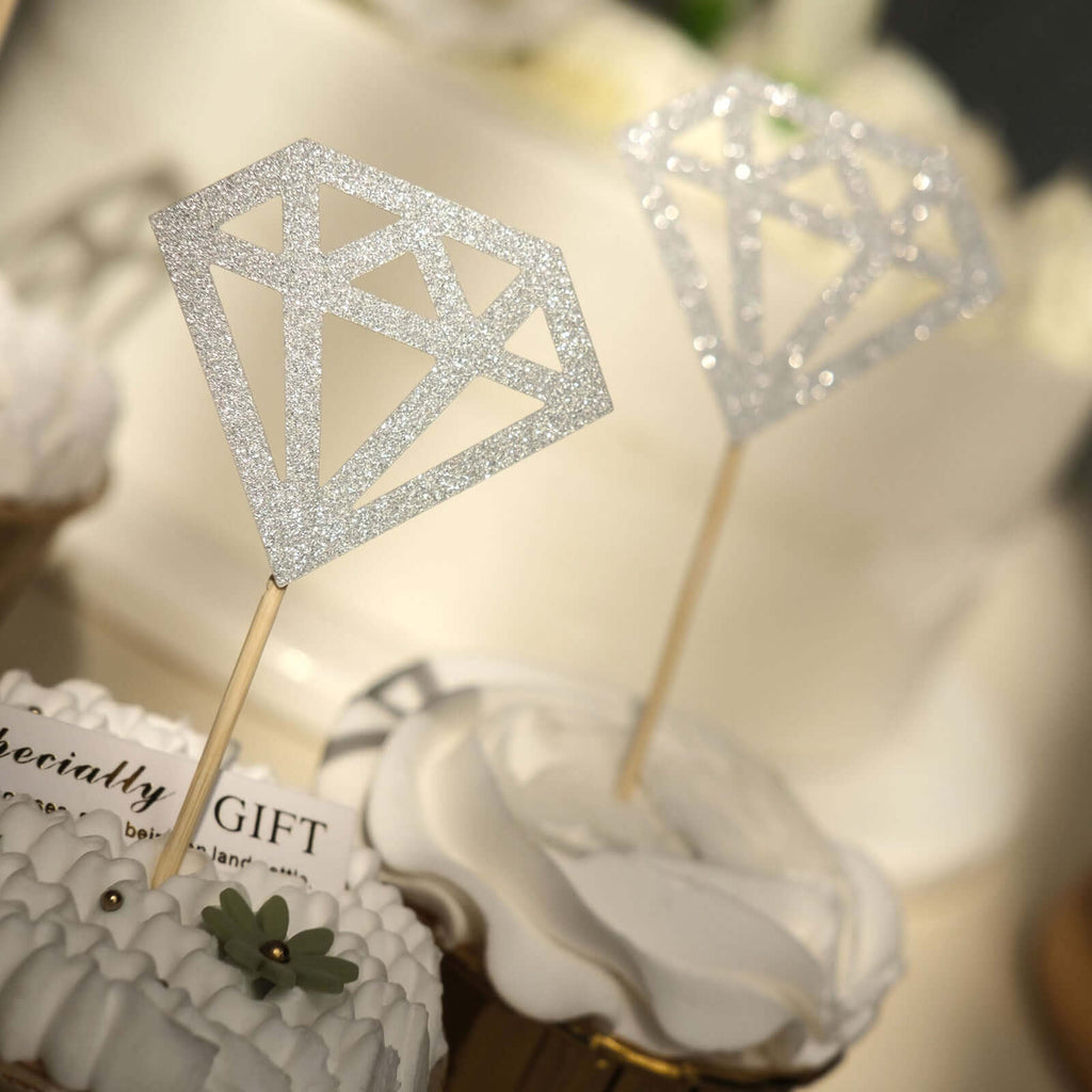 24 - Pack Cupcake Toppers Diamond Ring Design Glitter Silver - Party Cake Picks Engagement Decoration Supplies - Bell Racket Store