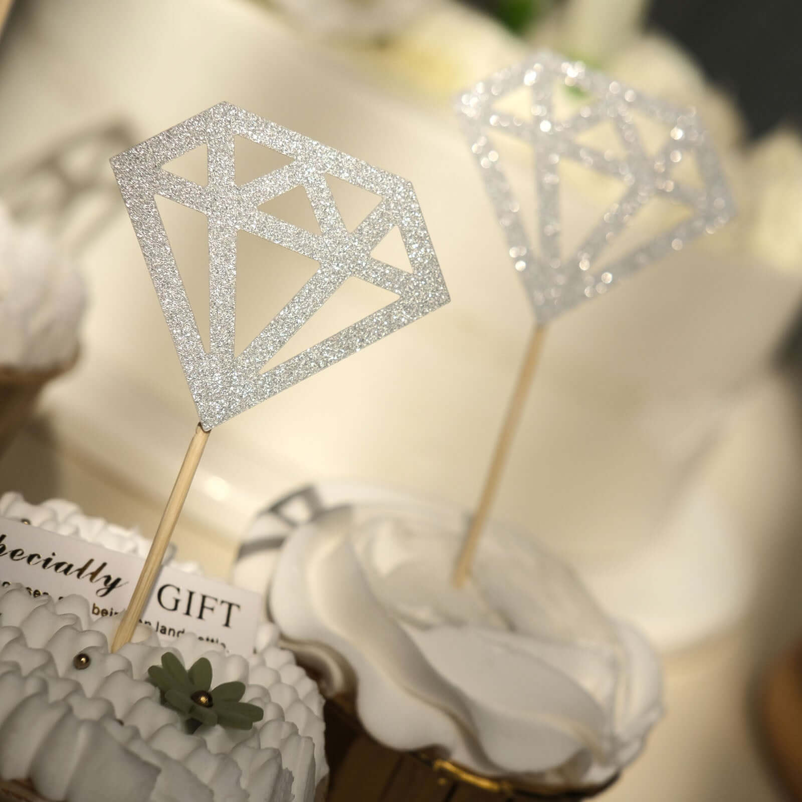 24 - Pack Cupcake Toppers Diamond Ring Design Glitter Silver - Party Cake Picks Engagement Decoration Supplies - Bell Racket Store
