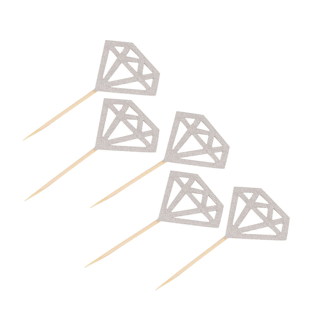 24 - Pack Cupcake Toppers Diamond Ring Design Glitter Silver - Party Cake Picks Engagement Decoration Supplies - Bell Racket Store