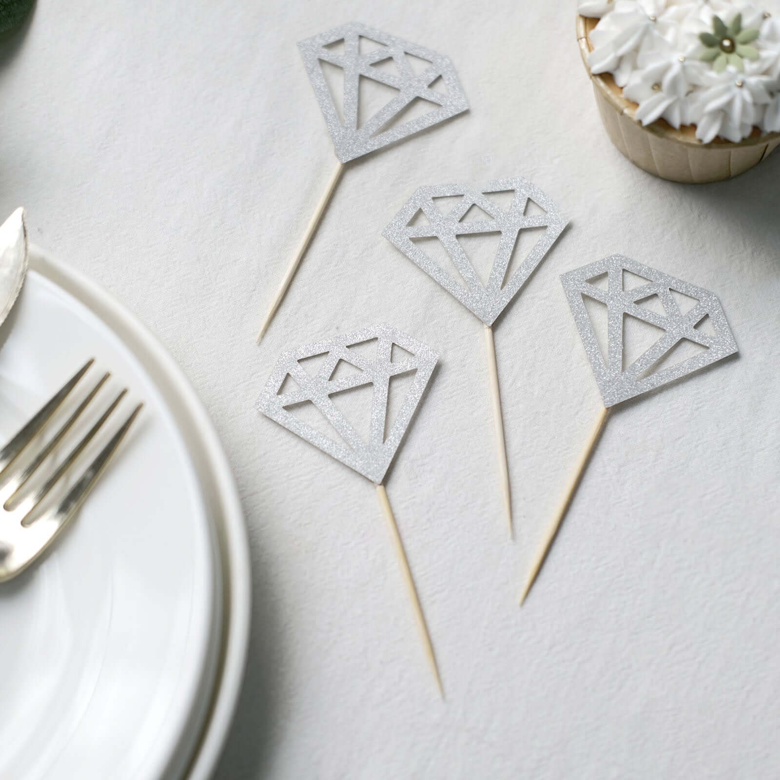 24 - Pack Cupcake Toppers Diamond Ring Design Glitter Silver - Party Cake Picks Engagement Decoration Supplies - Bell Racket Store