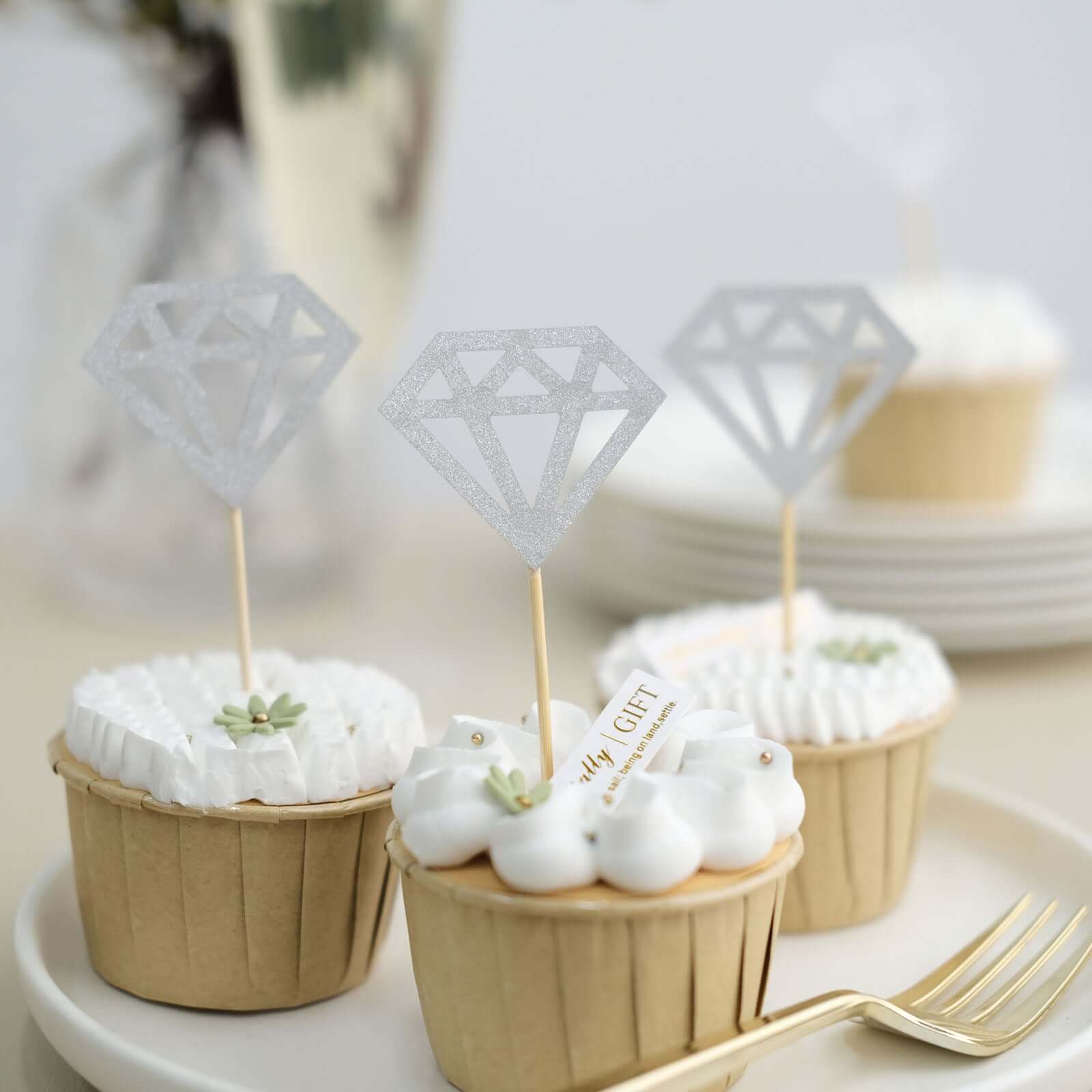 24 - Pack Cupcake Toppers Diamond Ring Design Glitter Silver - Party Cake Picks Engagement Decoration Supplies - Bell Racket Store