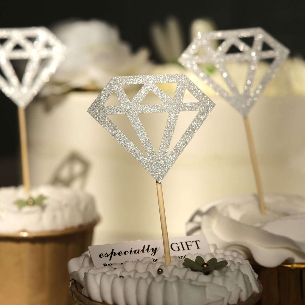 24 - Pack Cupcake Toppers Diamond Ring Design Glitter Silver - Party Cake Picks Engagement Decoration Supplies - Bell Racket Store