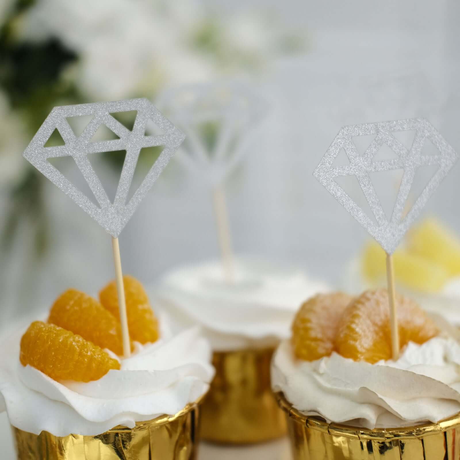 24 - Pack Cupcake Toppers Diamond Ring Design Glitter Silver - Party Cake Picks Engagement Decoration Supplies - Bell Racket Store