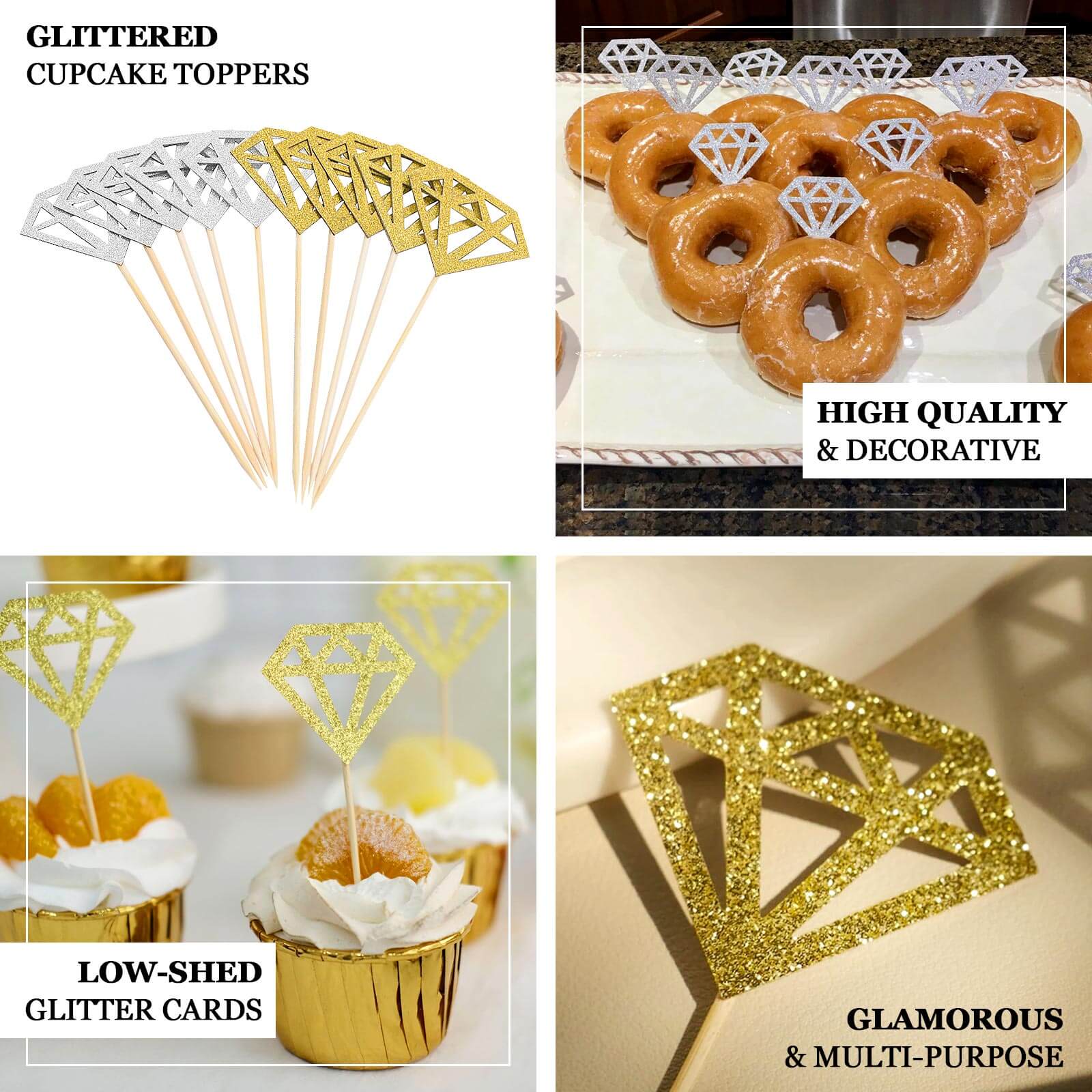 24 - Pack Cupcake Toppers Diamond Ring Design Glitter Silver - Party Cake Picks Engagement Decoration Supplies - Bell Racket Store