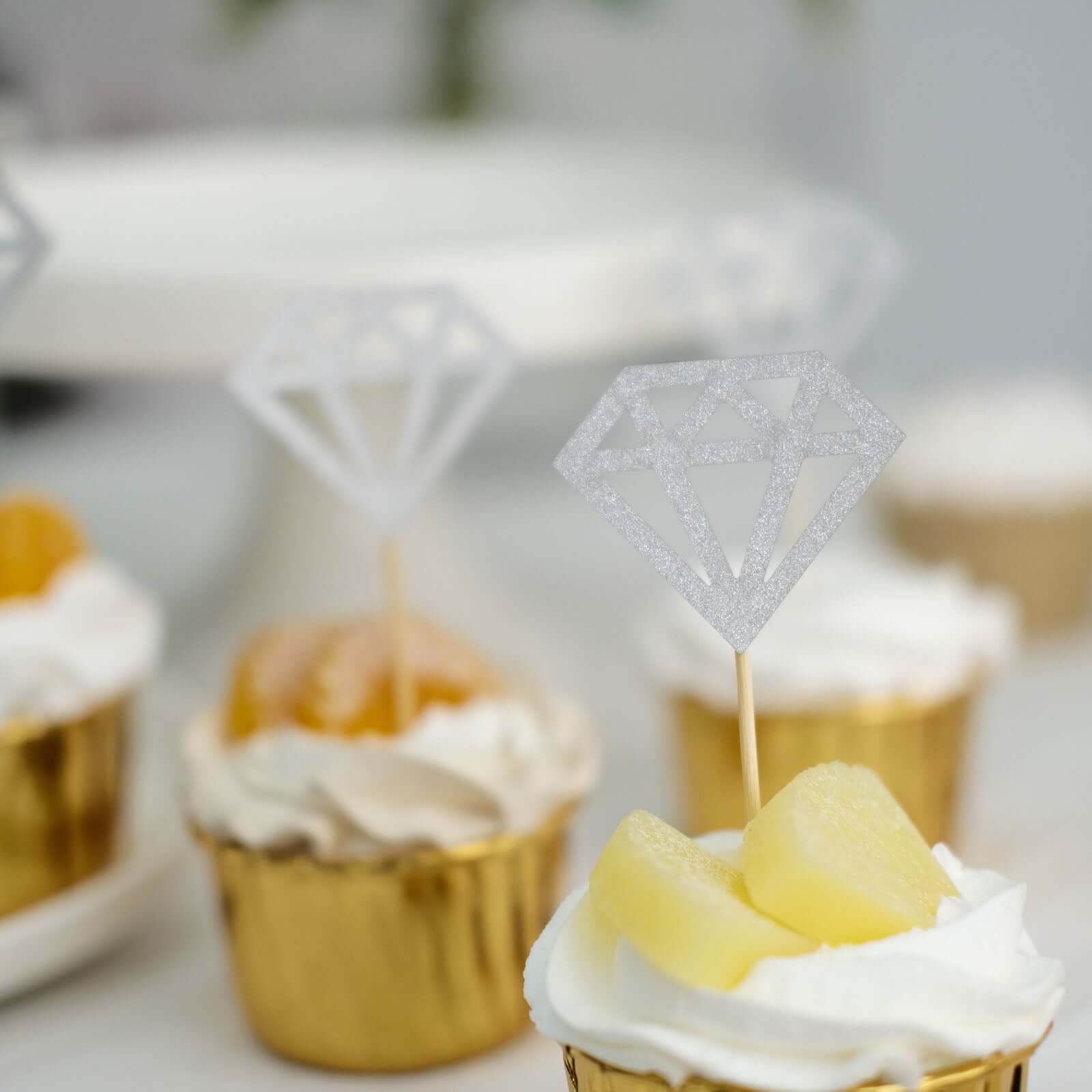 24 - Pack Cupcake Toppers Diamond Ring Design Glitter Silver - Party Cake Picks Engagement Decoration Supplies - Bell Racket Store