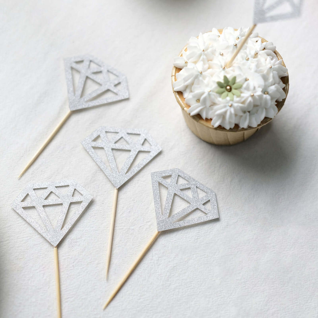 24 - Pack Cupcake Toppers Diamond Ring Design Glitter Silver - Party Cake Picks Engagement Decoration Supplies - Bell Racket Store