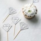 24 - Pack Cupcake Toppers Diamond Ring Design Glitter Silver - Party Cake Picks Engagement Decoration Supplies - Bell Racket Store