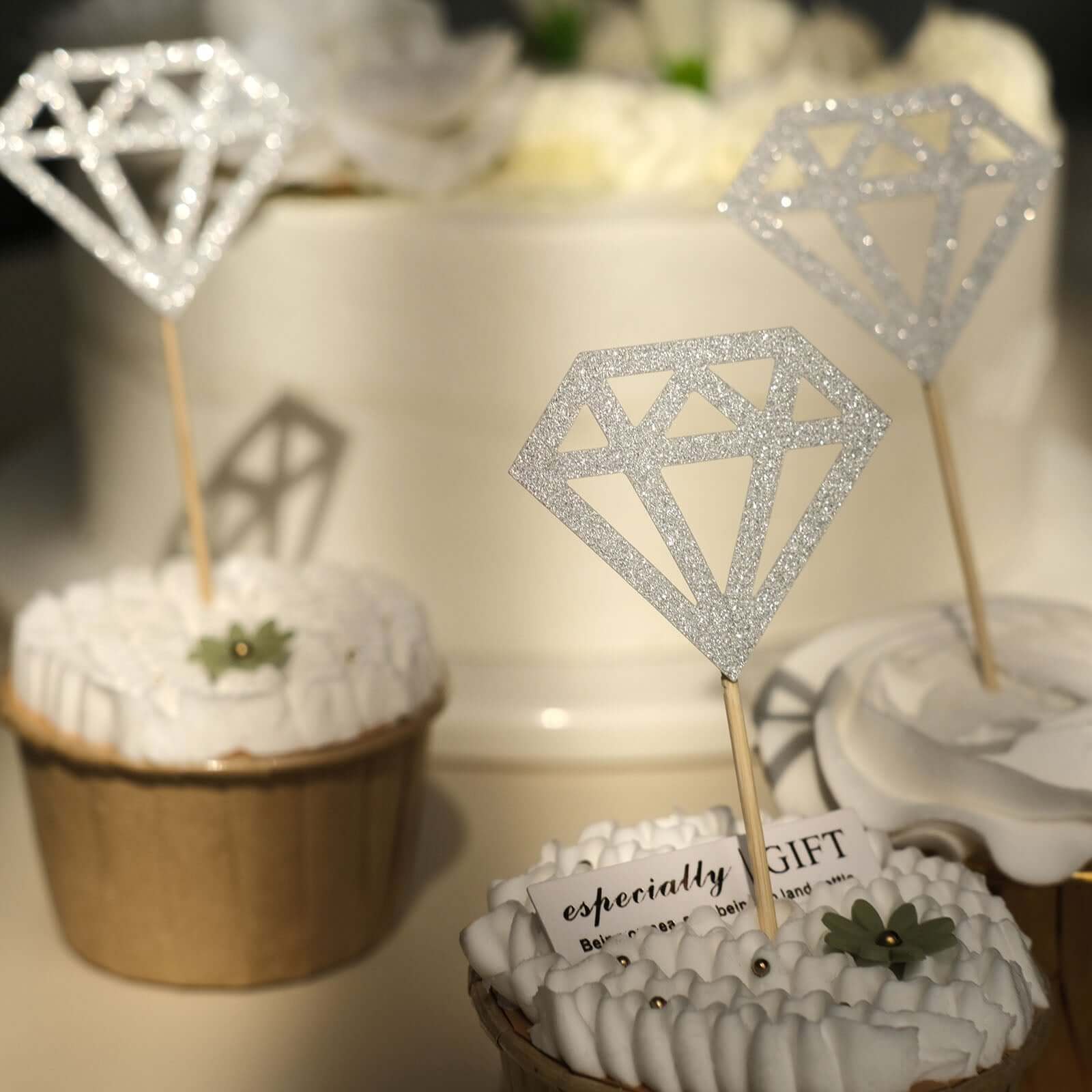 24 - Pack Cupcake Toppers Diamond Ring Design Glitter Silver - Party Cake Picks Engagement Decoration Supplies - Bell Racket Store