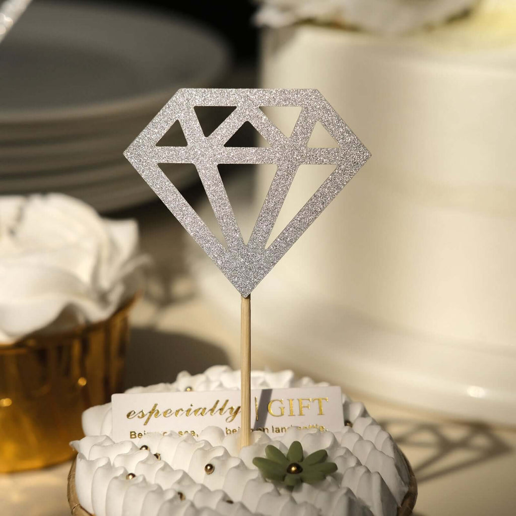 24 - Pack Cupcake Toppers Diamond Ring Design Glitter Silver - Party Cake Picks Engagement Decoration Supplies - Bell Racket Store