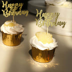 24 - Pack Cupcake Toppers Happy Birthday Design Glitter Gold - Party Cake Picks Decoration Supplies - Bell Racket Store
