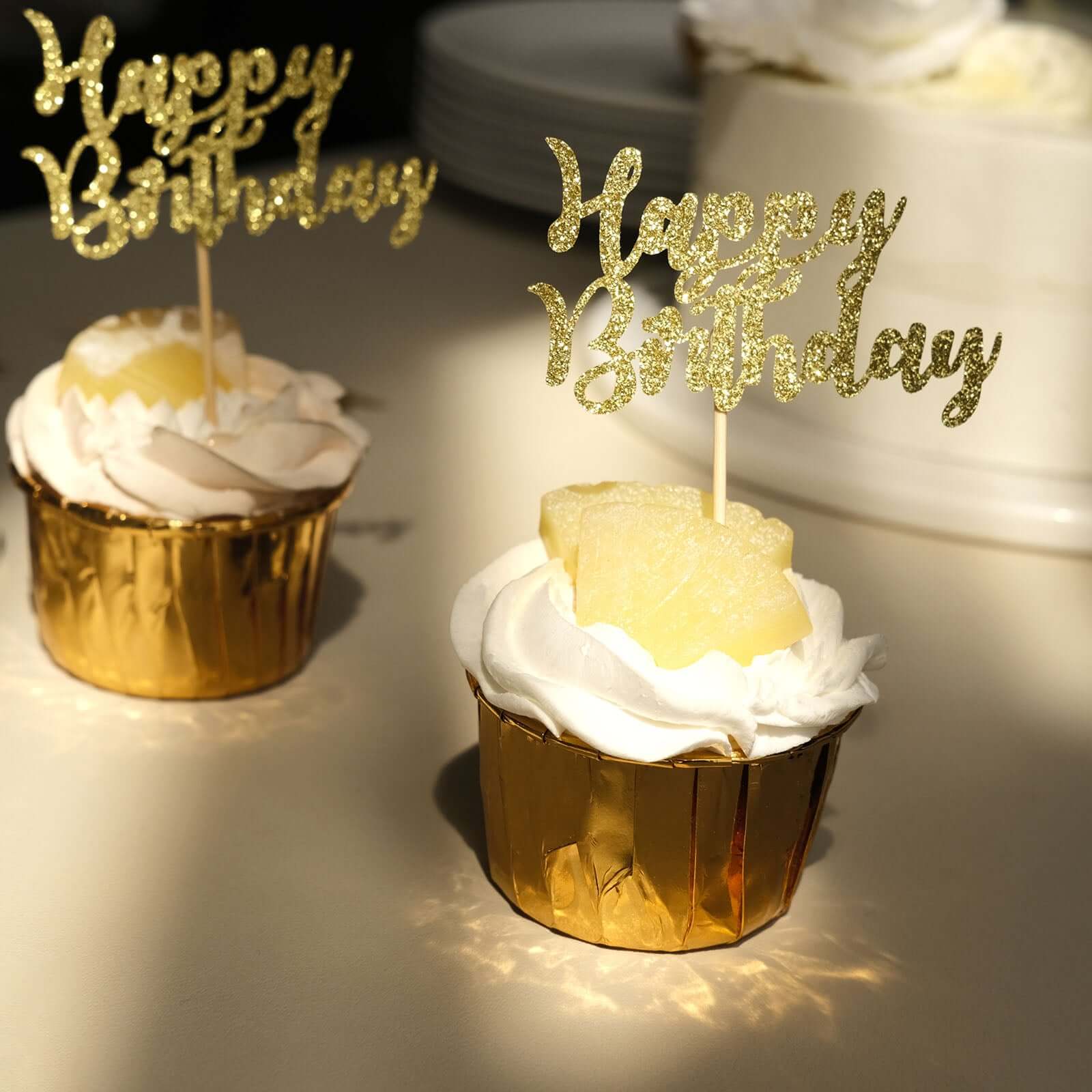 24 - Pack Cupcake Toppers Happy Birthday Design Glitter Gold - Party Cake Picks Decoration Supplies - Bell Racket Store