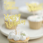 24 - Pack Cupcake Toppers Happy Birthday Design Glitter Gold - Party Cake Picks Decoration Supplies - Bell Racket Store