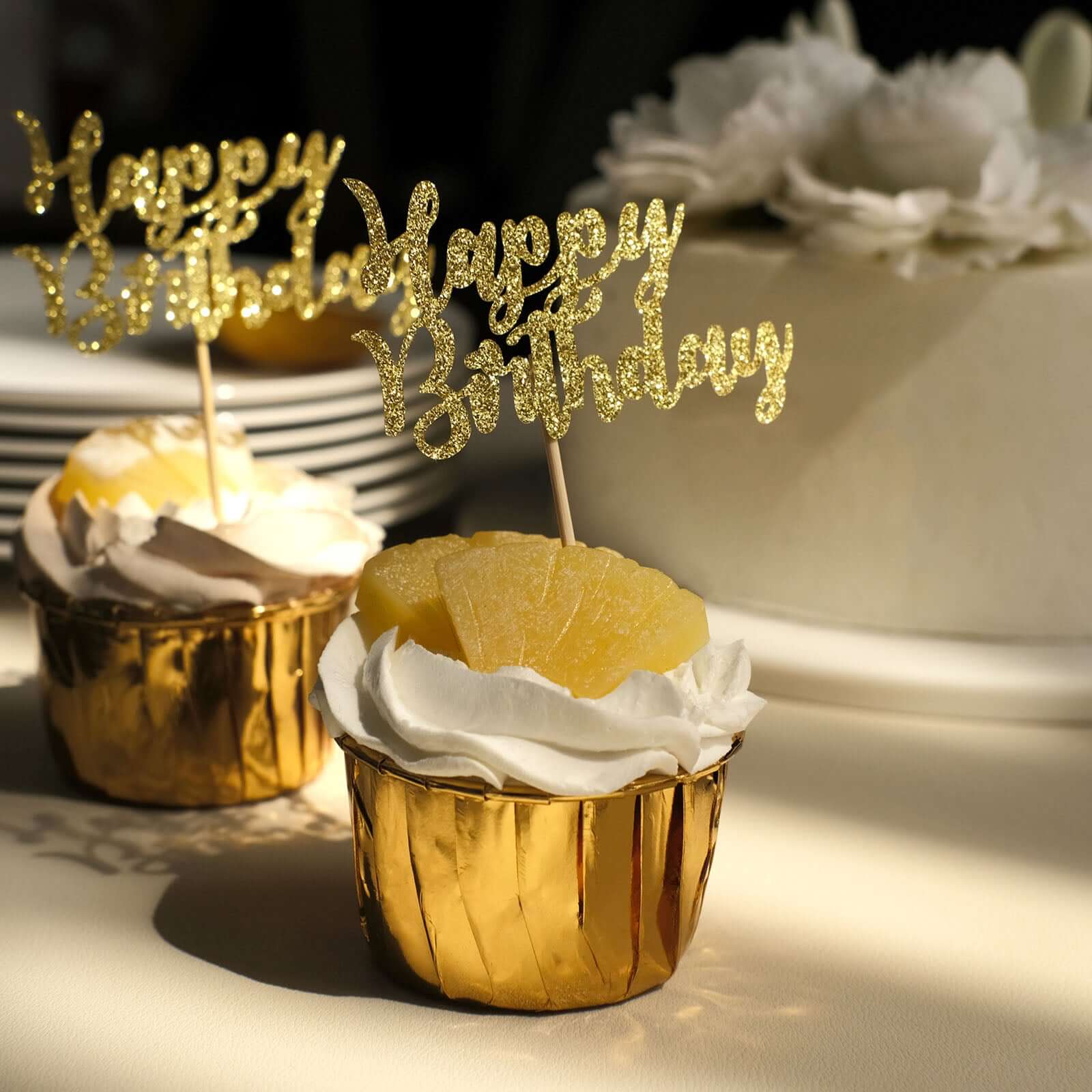 24 - Pack Cupcake Toppers Happy Birthday Design Glitter Gold - Party Cake Picks Decoration Supplies - Bell Racket Store