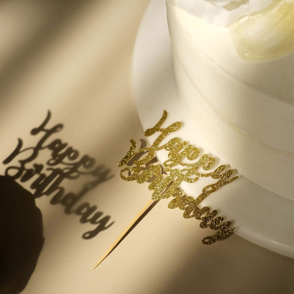 24 - Pack Cupcake Toppers Happy Birthday Design Glitter Gold - Party Cake Picks Decoration Supplies - Bell Racket Store