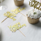 24 - Pack Cupcake Toppers Happy Birthday Design Glitter Gold - Party Cake Picks Decoration Supplies - Bell Racket Store