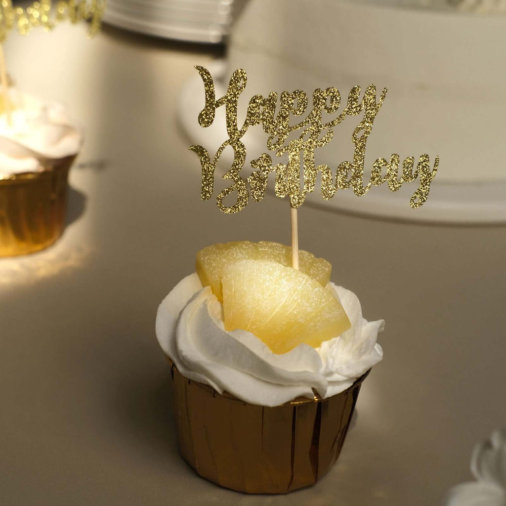 24 - Pack Cupcake Toppers Happy Birthday Design Glitter Gold - Party Cake Picks Decoration Supplies - Bell Racket Store