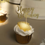 24 - Pack Cupcake Toppers Happy Birthday Design Glitter Gold - Party Cake Picks Decoration Supplies - Bell Racket Store