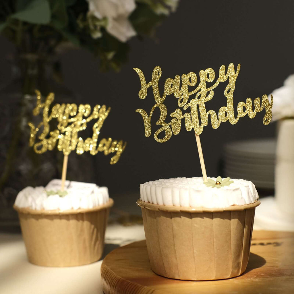 24 - Pack Cupcake Toppers Happy Birthday Design Glitter Gold - Party Cake Picks Decoration Supplies - Bell Racket Store