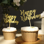 24 - Pack Cupcake Toppers Happy Birthday Design Glitter Gold - Party Cake Picks Decoration Supplies - Bell Racket Store