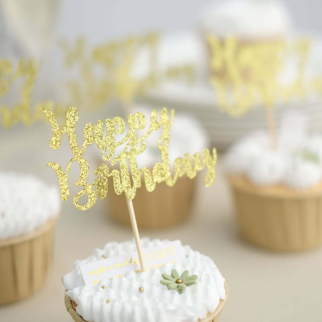 24 - Pack Cupcake Toppers Happy Birthday Design Glitter Gold - Party Cake Picks Decoration Supplies - Bell Racket Store