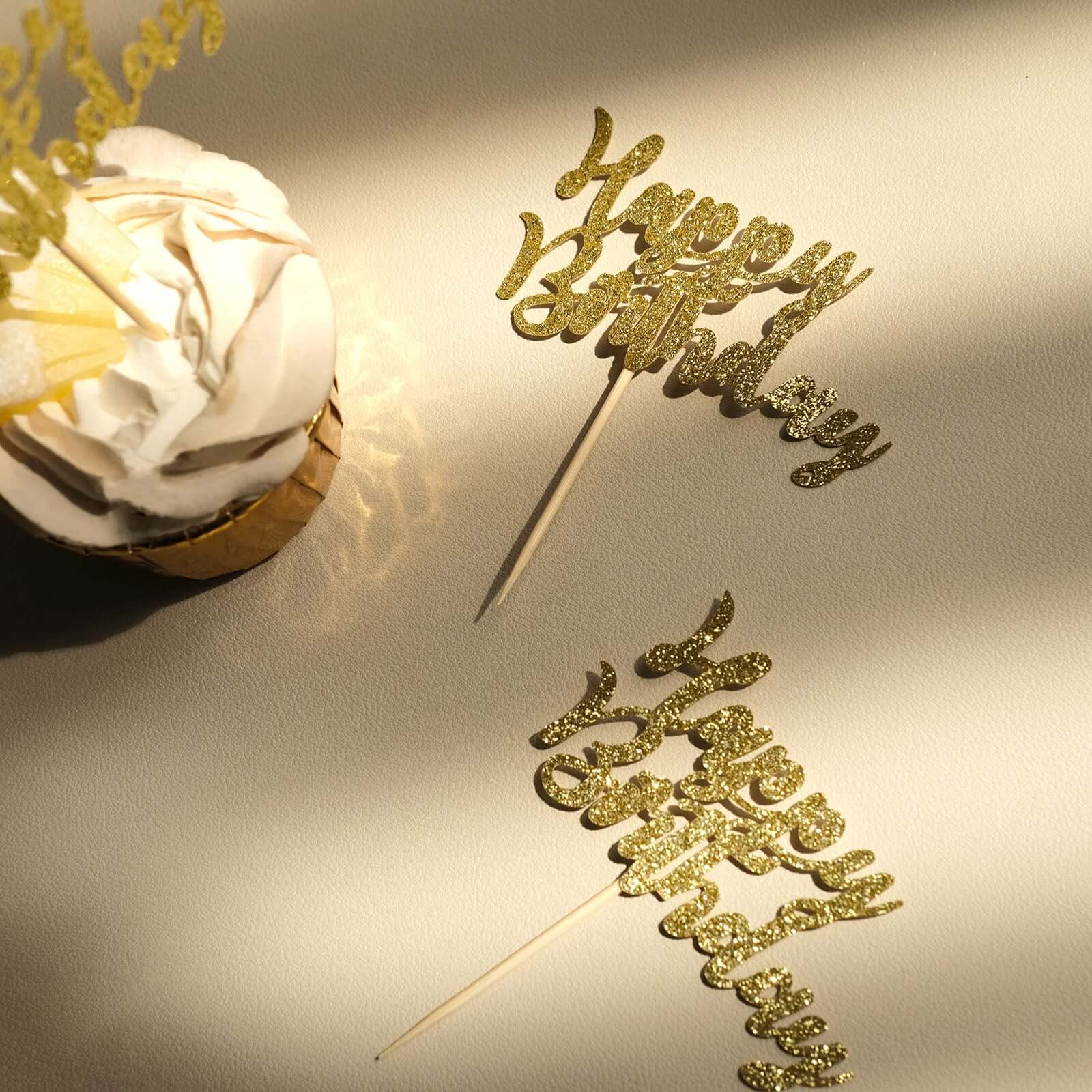 24 - Pack Cupcake Toppers Happy Birthday Design Glitter Gold - Party Cake Picks Decoration Supplies - Bell Racket Store