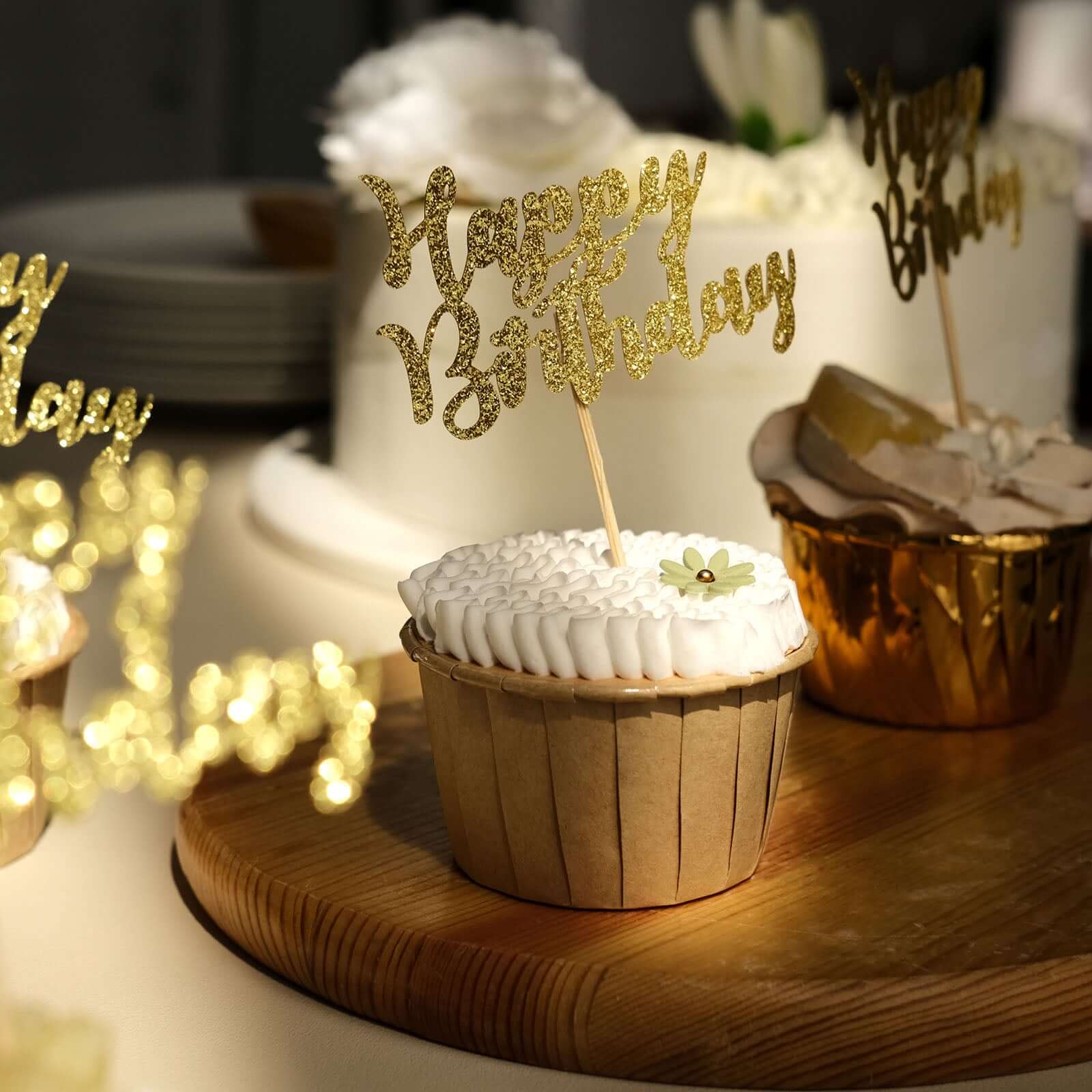 24 - Pack Cupcake Toppers Happy Birthday Design Glitter Gold - Party Cake Picks Decoration Supplies - Bell Racket Store