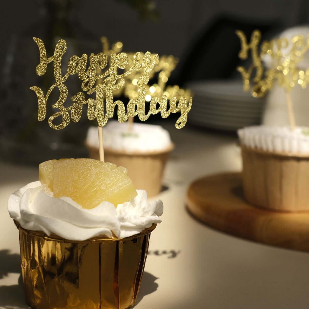 24 - Pack Cupcake Toppers Happy Birthday Design Glitter Gold - Party Cake Picks Decoration Supplies - Bell Racket Store