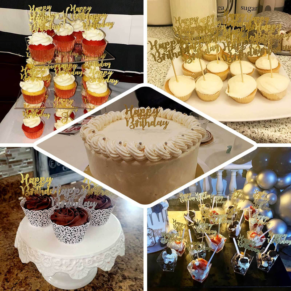 24 - Pack Cupcake Toppers Happy Birthday Design Glitter Gold - Party Cake Picks Decoration Supplies - Bell Racket Store