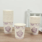 24 Pack Disposable Paper Cups in White Lavender Damask Floral Pattern, Elegant Party Cups - 9oz - Bell Racket Store