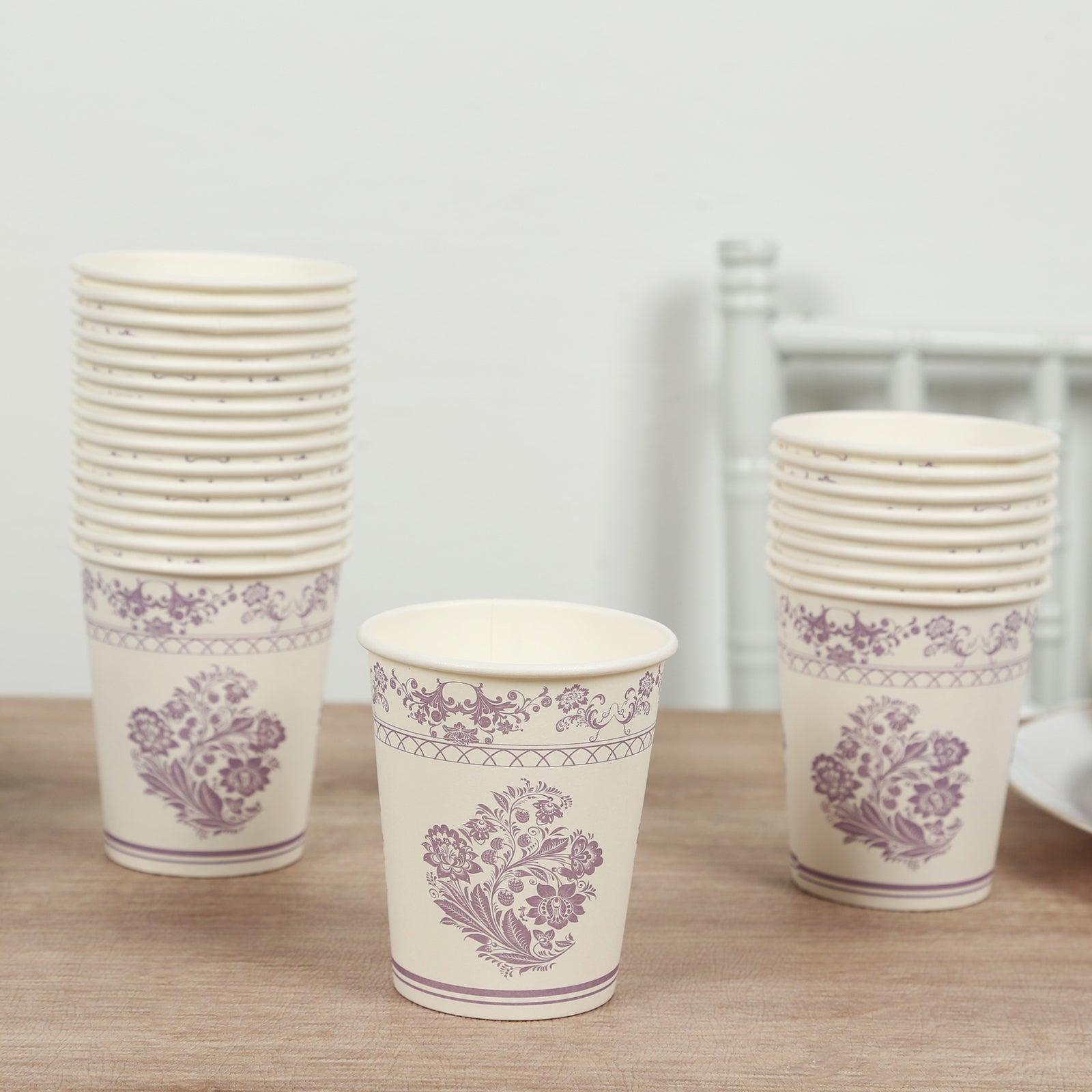 24 Pack Disposable Paper Cups in White Lavender Damask Floral Pattern, Elegant Party Cups - 9oz - Bell Racket Store