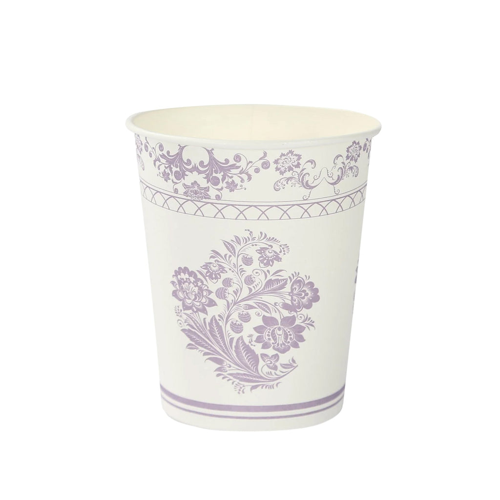 24 Pack Disposable Paper Cups in White Lavender Damask Floral Pattern, Elegant Party Cups - 9oz - Bell Racket Store