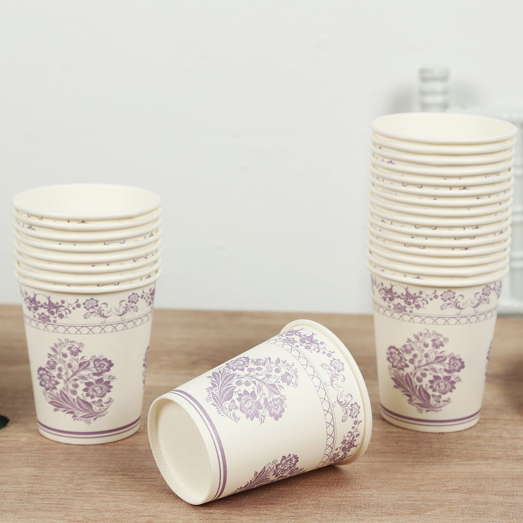 24 Pack Disposable Paper Cups in White Lavender Damask Floral Pattern, Elegant Party Cups - 9oz - Bell Racket Store