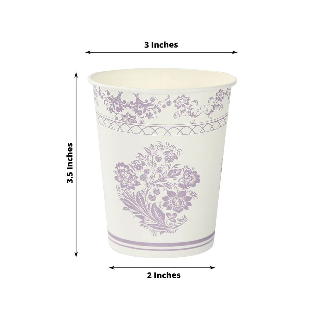 24 Pack Disposable Paper Cups in White Lavender Damask Floral Pattern, Elegant Party Cups - 9oz - Bell Racket Store