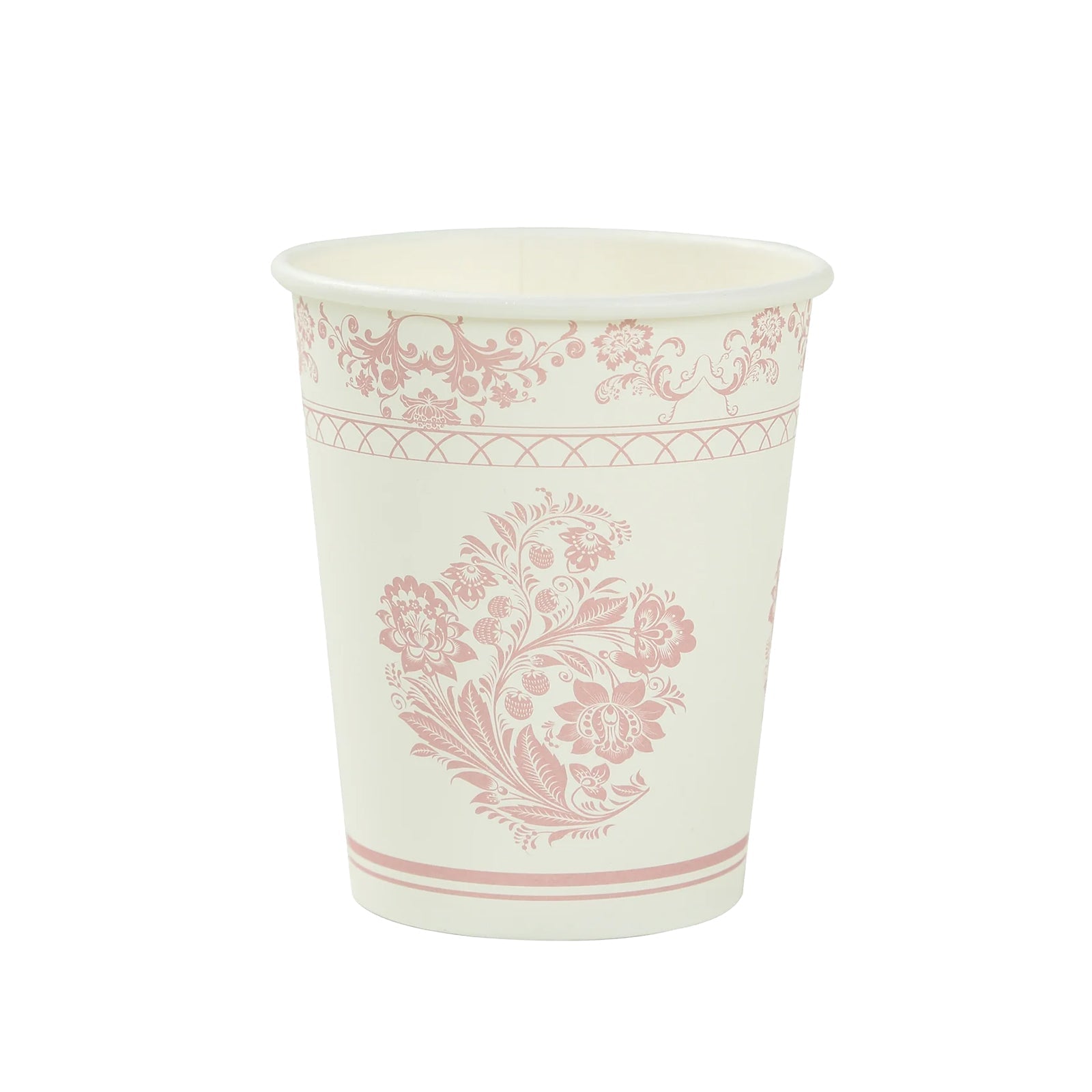 24 Pack Disposable Paper Cups in White Pink Damask Floral Pattern, Elegant Party Cups - 9oz - Bell Racket Store
