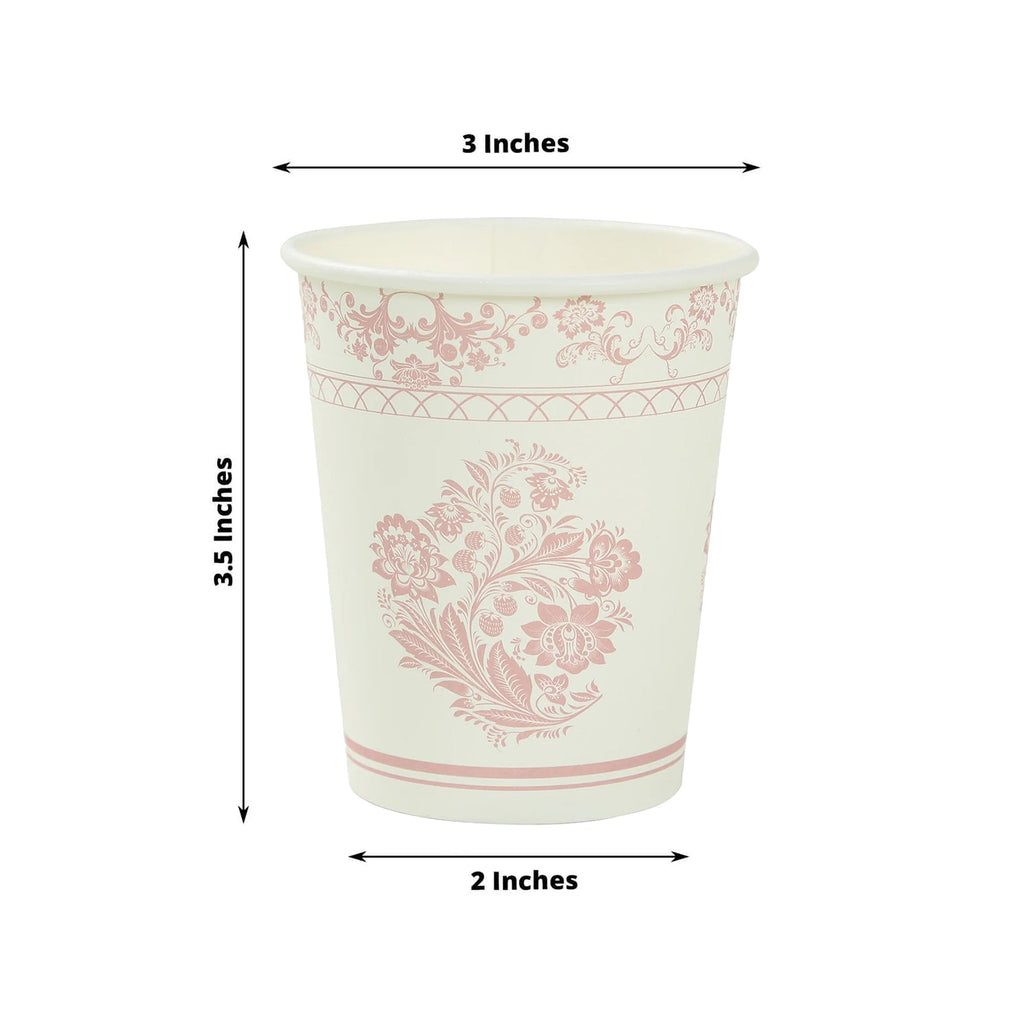 24 Pack Disposable Paper Cups in White Pink Damask Floral Pattern, Elegant Party Cups - 9oz - Bell Racket Store