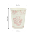 24 Pack Disposable Paper Cups in White Pink Damask Floral Pattern, Elegant Party Cups - 9oz - Bell Racket Store