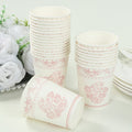 24 Pack Disposable Paper Cups in White Pink Damask Floral Pattern, Elegant Party Cups - 9oz - Bell Racket Store