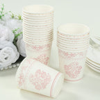 24 Pack Disposable Paper Cups in White Pink Damask Floral Pattern, Elegant Party Cups - 9oz - Bell Racket Store