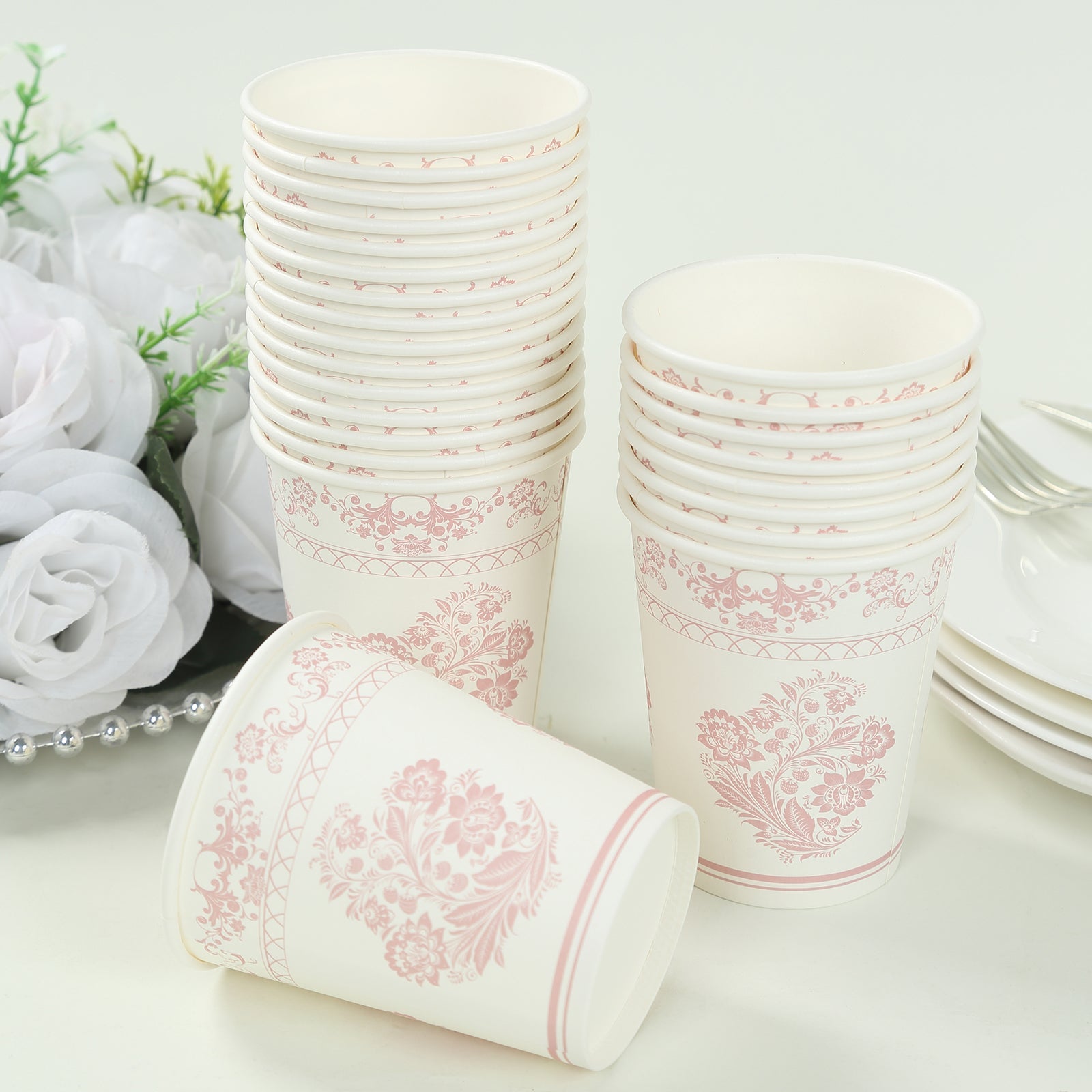 24 Pack Disposable Paper Cups in White Pink Damask Floral Pattern, Elegant Party Cups - 9oz - Bell Racket Store