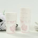 24 Pack Disposable Paper Cups in White Pink Damask Floral Pattern, Elegant Party Cups - 9oz - Bell Racket Store